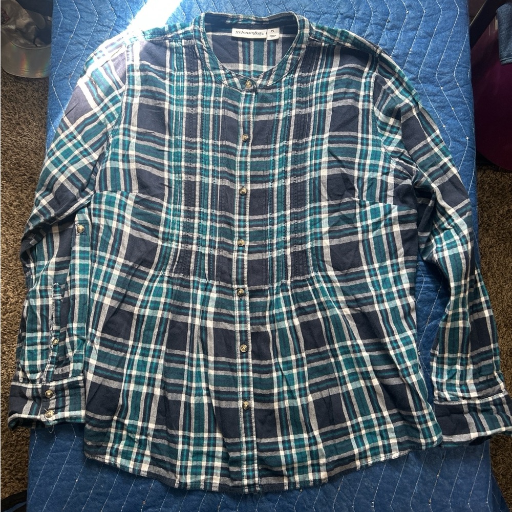 Eileen Fisher Navy and Teal Plaid Button-Down Shirt
